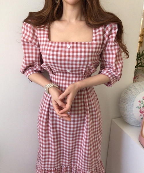 Jasmine Grandiflorum(ジャスミングランディフローラム)の「【Jasmine】ギンガムチェックスクエアネックロングワンピース (SS)(ワンピース・レディース・ブラック/レッド・MEDIUM/SMALL/LARGE)」の15枚目の写真