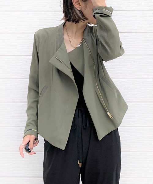 Q（キュー）の「リラックスライダース（ライダースジャケット・レディース・ブラック/オリーブ・MEDIUM）」の2枚目の写真