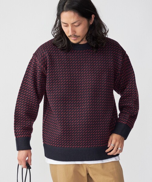 SHIPS（シップス）の「*SHIPS: リラックスフィット バーズアイ クルーネック ニット（ニット/セーター・メンズ・ダークグレー/ナチュラル/ネイビー/レッド・SMALL/MEDIUM/LARGE/X-LARGE）」の4枚目の写真