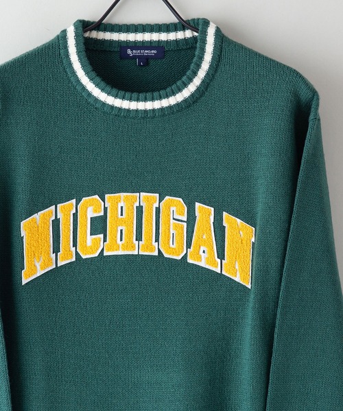 Blue Standard （ブルースタンダード）の「【BLUE STANDARD/ブルースタンダード】5G カレッジデザイン クルーニット　セーター（ニット/セーター・メンズ・ダークグリーン/ホワイト/ブラック/杢グレー・MEDIUM/LARGE/X-LARGE）」の8枚目の写真