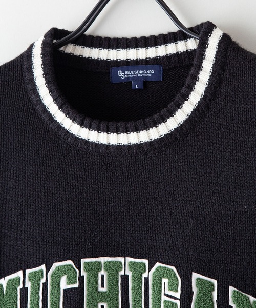 Blue Standard （ブルースタンダード）の「【BLUE STANDARD/ブルースタンダード】5G カレッジデザイン クルーニット　セーター（ニット/セーター・メンズ・ダークグリーン/ホワイト/ブラック/杢グレー・MEDIUM/LARGE/X-LARGE）」の13枚目の写真