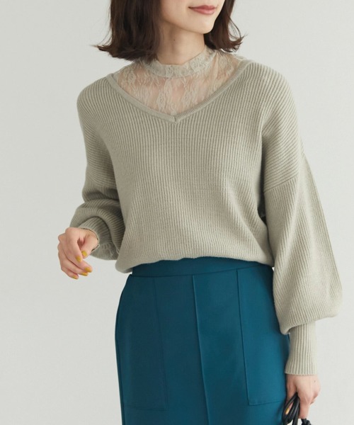 Petit fleur(プチフルール)の「・Petit Fleur レースレイヤードニット(ニット/セーター・レディース・ブラック/ラベンダー/アイボリー/グレイッシュベージュ・FREE)」の3枚目の写真