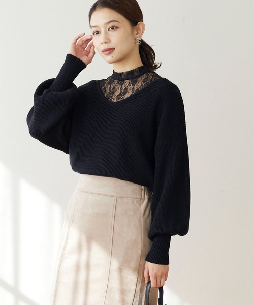 Petit fleur(プチフルール)の「・Petit Fleur レースレイヤードニット(ニット/セーター・レディース・ブラック/ラベンダー/アイボリー/グレイッシュベージュ・FREE)」の2枚目の写真