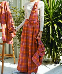 ワンショルベスト風サス付きチェックワイドパンツ