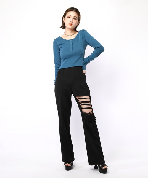 SPIRALGIRL（スパイラルガール）の「バックオープンヘンリーネックリブトップス（Tシャツ/カットソー・レディース・ブルー/イエロー/ブラック・FREE）」の7枚目の写真