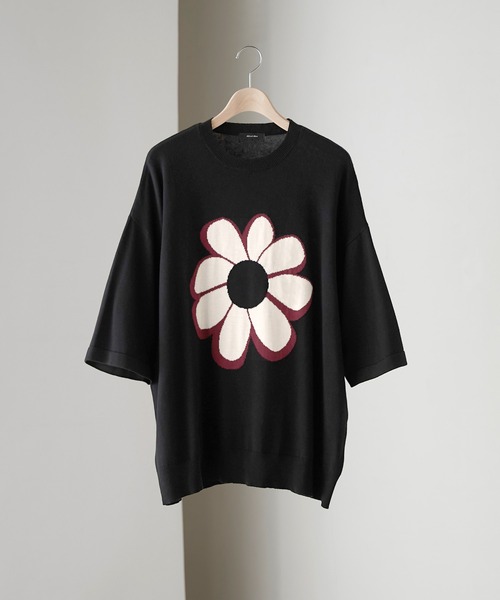 新品♡アプ♡パールネックニット ホワイト セール】【Alfred Alex】フラワージャガードショートスリーブ
