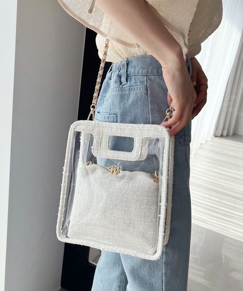 one after another NICE CLAUP(ワンアフターアナザーナイスクラップ)の「ツイードポーチ付きPVCバック(ショルダーバッグ・レディース・アイボリー/ブラック・FREE)」の3枚目の写真