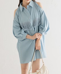 肩スリットフリンジデニムシャツ