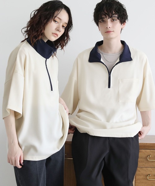 ETELIO（エテリオ）の「ハーフジップポケット付き配色プルオーバー（Tシャツ/カットソー・メンズ・チャコール/グリーン/アイボリー/ワイン・L/M/S）」の2枚目の写真