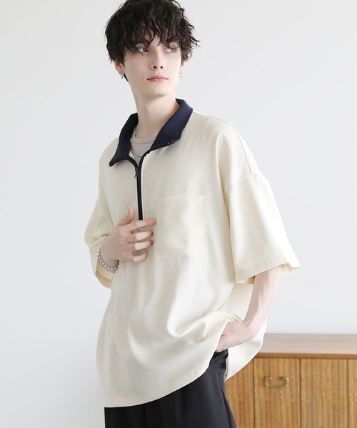 ETELIO（エテリオ）の「ハーフジップポケット付き配色プルオーバー（Tシャツ/カットソー・メンズ・チャコール/グリーン/アイボリー/ワイン・L/M/S）」の8枚目の写真