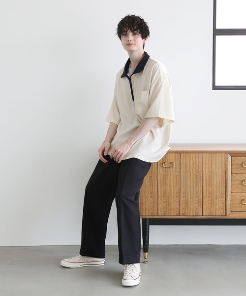 ETELIO（エテリオ）の「ハーフジップポケット付き配色プルオーバー（Tシャツ/カットソー・メンズ・チャコール/グリーン/アイボリー/ワイン・L/M/S）」の14枚目の写真