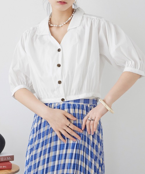 Fashion Letter(ファッションレター)の「T/Cブロード ショート丈 ギャザーブラウス(シャツ/ブラウス・レディース・ホワイト/モカ/ブラック・M)」の2枚目の写真