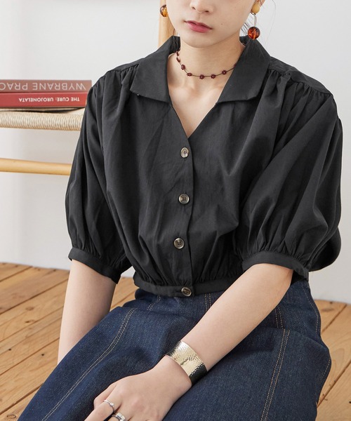 Fashion Letter(ファッションレター)の「T/Cブロード ショート丈 ギャザーブラウス(シャツ/ブラウス・レディース・ホワイト/モカ/ブラック・M)」の1枚目の写真