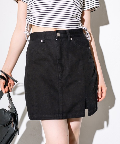 OLIVE des OLIVE（オリーブデオリーブ）の「スリットデニムミニスカート　1032010020（スカート・レディース・ブラック/サックスブルー/ピンク/スミクロ・FREE）」の3枚目の写真