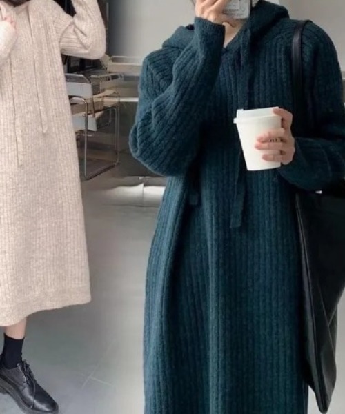 deux amour（ドゥーザムール）の「ワイドリブフード付きロングワンピース（Tシャツ/カットソー・レディース・チャコールグレー/ブラック/ベージュ/グリーン・FREE）」の14枚目の写真