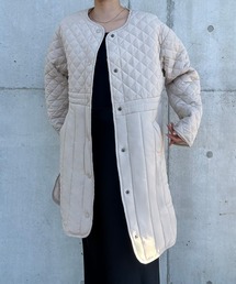 ノーカラーパターンミックスキルティングコート