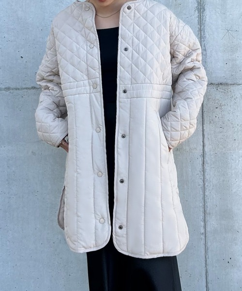 JUNOAH（ジュノア）の「ノーカラーパターンミックスキルティングコート（ノーカラーコート・レディース・カーキ/ライトベージュ/ブラック・X-LARGE/LARGE/MEDIUM）」の7枚目の写真