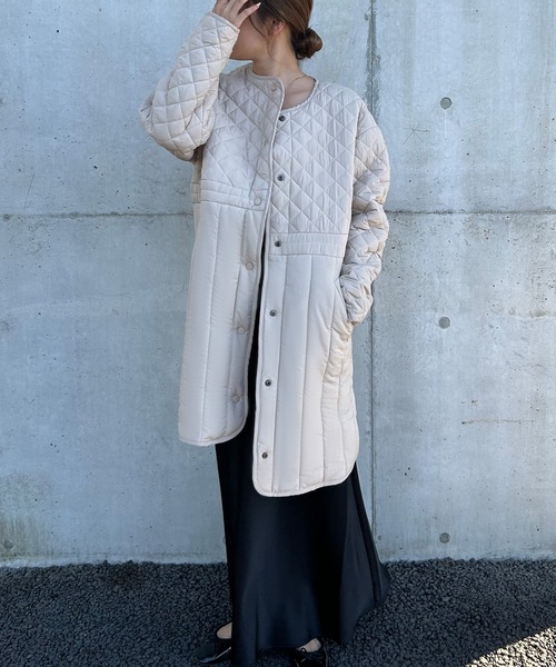 JUNOAH（ジュノア）の「ノーカラーパターンミックスキルティングコート（ノーカラーコート・レディース・カーキ/ライトベージュ/ブラック・X-LARGE/LARGE/MEDIUM）」の9枚目の写真