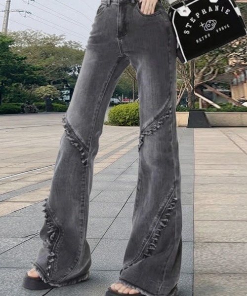 セール】ブラスト加工 フレアブーツカット ダメージフリンジ デニム