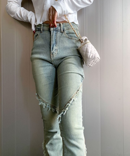 GYDA ダメージ加工　ブーツカット　デニムパンツ　フリンジ　XS GYDA ダメージ加工ブーツカットデニムパンツフリンジXS