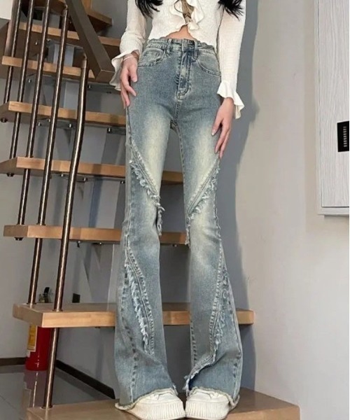美品 goa 00s Y2K ブーツカットデニム ダメージ加工　フリンジ ✦Red Pepper y2k ダメージ加工デニム刺繍レディース28ブーツ