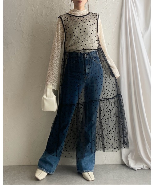 She's Closet(シーズクローゼット)の「フロッキードットチュールシアーレイヤードメッシュロングボリュームティアードワンピース(ワンピース・レディース・ブラック/ホワイト・FREE)」の3枚目の写真