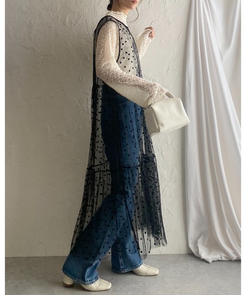 She's Closet(シーズクローゼット)の「フロッキードットチュールシアーレイヤードメッシュロングボリュームティアードワンピース(ワンピース・レディース・ブラック/ホワイト・FREE)」の5枚目の写真