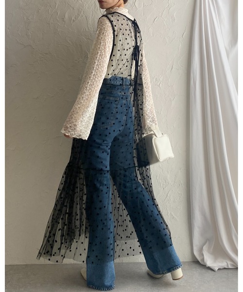 She's Closet(シーズクローゼット)の「フロッキードットチュールシアーレイヤードメッシュロングボリュームティアードワンピース(ワンピース・レディース・ブラック/ホワイト・FREE)」の6枚目の写真