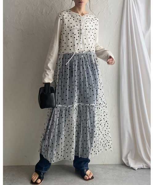 She's Closet(シーズクローゼット)の「フロッキードットチュールシアーレイヤードメッシュロングボリュームティアードワンピース(ワンピース・レディース・ブラック/ホワイト・FREE)」の9枚目の写真
