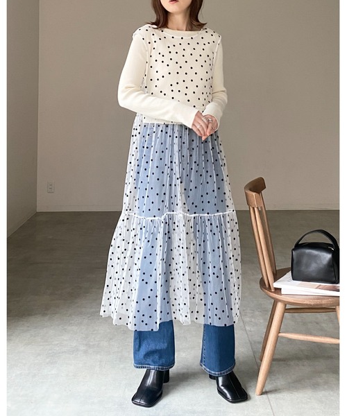 She's Closet(シーズクローゼット)の「フロッキードットチュールシアーレイヤードメッシュロングボリュームティアードワンピース(ワンピース・レディース・ブラック/ホワイト・FREE)」の10枚目の写真