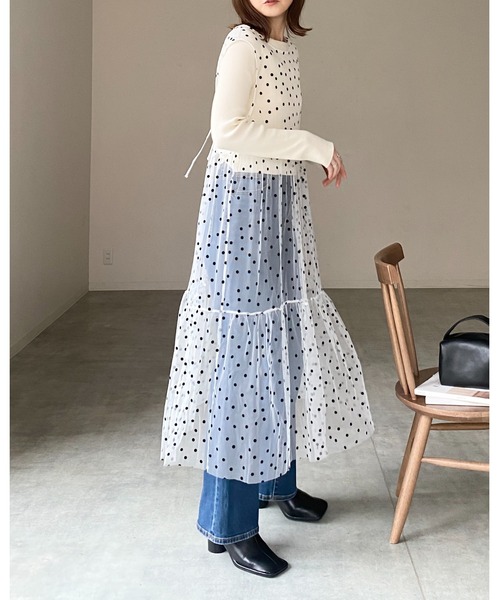 She's Closet(シーズクローゼット)の「フロッキードットチュールシアーレイヤードメッシュロングボリュームティアードワンピース(ワンピース・レディース・ブラック/ホワイト・FREE)」の11枚目の写真