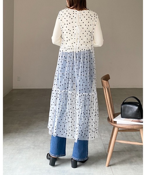 She's Closet(シーズクローゼット)の「フロッキードットチュールシアーレイヤードメッシュロングボリュームティアードワンピース(ワンピース・レディース・ブラック/ホワイト・FREE)」の12枚目の写真