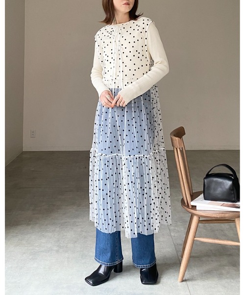 She's Closet(シーズクローゼット)の「フロッキードットチュールシアーレイヤードメッシュロングボリュームティアードワンピース(ワンピース・レディース・ブラック/ホワイト・FREE)」の13枚目の写真