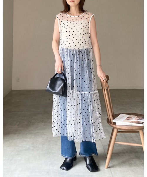 She's Closet(シーズクローゼット)の「フロッキードットチュールシアーレイヤードメッシュロングボリュームティアードワンピース(ワンピース・レディース・ブラック/ホワイト・FREE)」の14枚目の写真