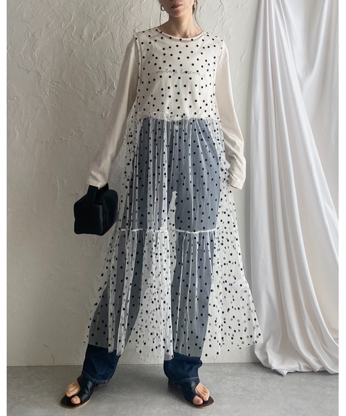 She's Closet(シーズクローゼット)の「フロッキードットチュールシアーレイヤードメッシュロングボリュームティアードワンピース(ワンピース・レディース・ブラック/ホワイト・FREE)」の18枚目の写真