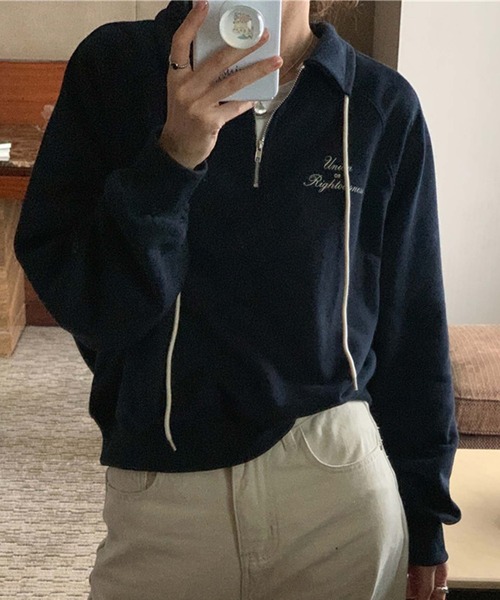 LAFFMO(ラフモ)の「ハーフジップバックプリントプルオーバー(スウェット・レディース・ネイビー/グレー・F)」の1枚目の写真