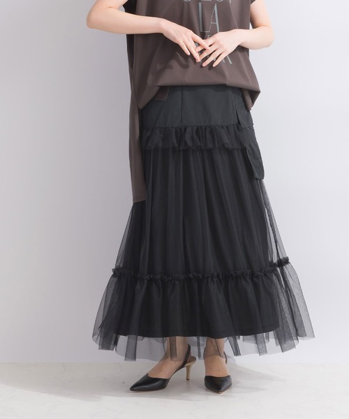 PICCIN(ピッチン)の「【WEB限定】チュールティアードカーゴスカート(スカート・レディース・カーキ/ブラック・M)」の1枚目の写真