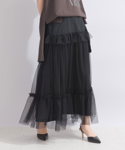 PICCIN(ピッチン)の「【WEB限定】チュールティアードカーゴスカート(スカート・レディース・カーキ/ブラック・M)」の3枚目の写真