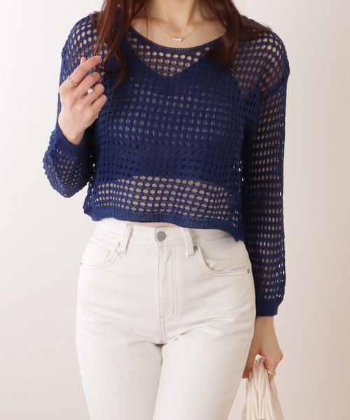 Lace Ladies(レースレディース)の「【2点セット】コンパクト 透かし編み 長袖 ニット プルオーバー(ニット/セーター・レディース・ブラック/ネイビー/ベージュ/オレンジ/ホワイト・FREE)」の4枚目の写真