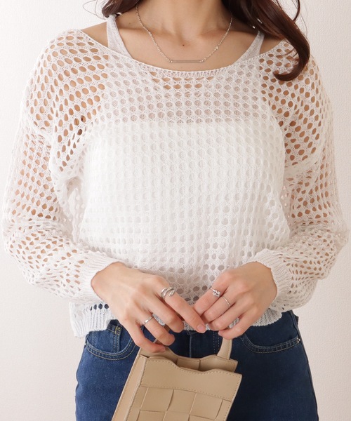 Lace Ladies(レースレディース)の「【2点セット】コンパクト 透かし編み 長袖 ニット プルオーバー(ニット/セーター・レディース・ブラック/ネイビー/ベージュ/オレンジ/ホワイト・FREE)」の1枚目の写真