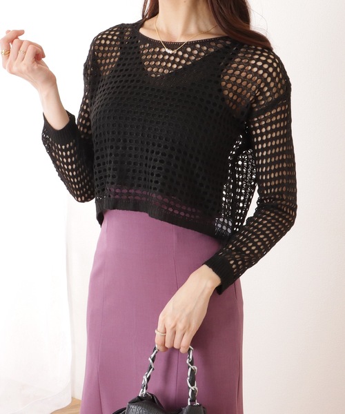 Lace Ladies(レースレディース)の「【2点セット】コンパクト 透かし編み 長袖 ニット プルオーバー(ニット/セーター・レディース・ブラック/ネイビー/ベージュ/オレンジ/ホワイト・FREE)」の2枚目の写真