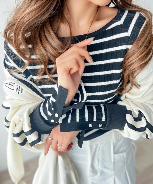 セール】品よく鎖骨魅せ。袖ボタンクルーネックリブニット（無地