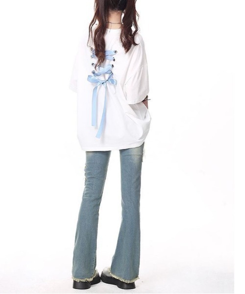 gossip!ロサンゼルス(ゴシップロサンゼルス)の「100%棉バックリボンフェミニンゆったりTシャツ(Tシャツ/カットソー・レディース・ピンク/ホワイト/ブラック・FREE)」の1枚目の写真