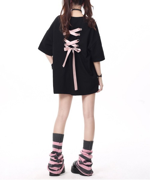 gossip!ロサンゼルス(ゴシップロサンゼルス)の「100%棉バックリボンフェミニンゆったりTシャツ(Tシャツ/カットソー・レディース・ピンク/ホワイト/ブラック・FREE)」の2枚目の写真