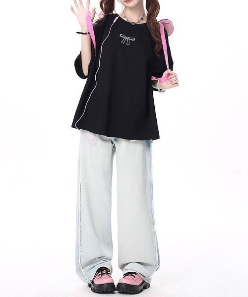 gossip!ロサンゼルス(ゴシップロサンゼルス)の「100%棉バックリボンフェミニンゆったりTシャツ(Tシャツ/カットソー・レディース・ピンク/ホワイト/ブラック・FREE)」の14枚目の写真