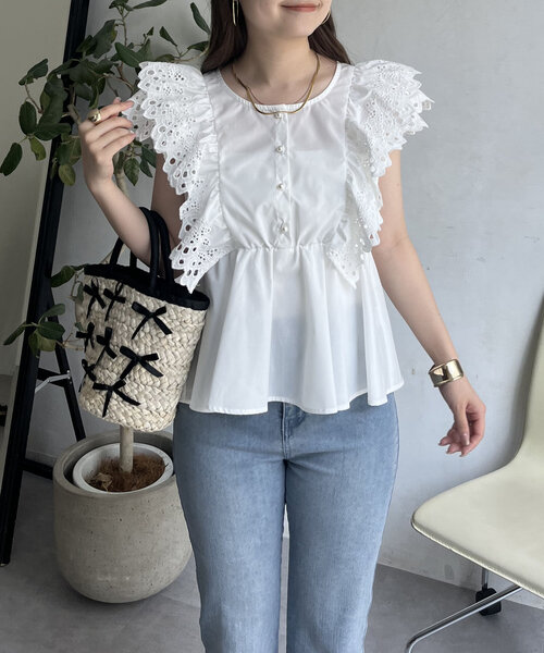 prose verse（プロズヴェール）の「フリルレースパールボタンペプラムブラウス（シャツ/ブラウス・レディース・オフホワイト/ブラック・LARGE/MEDIUM）」の12枚目の写真