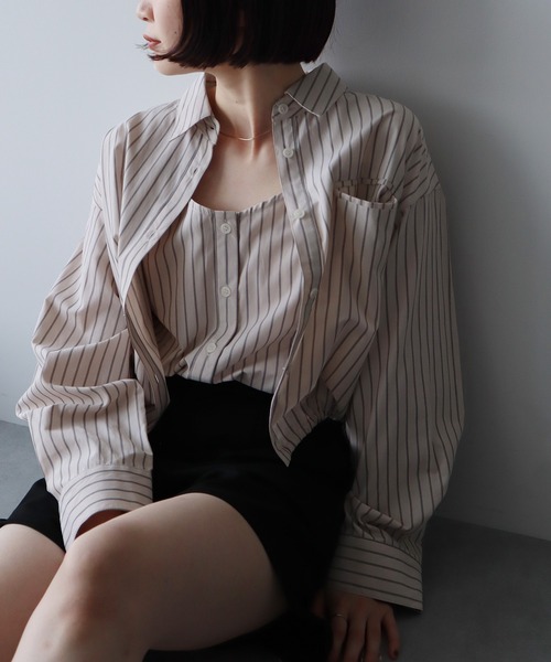 earth music&ecology（アースミュージックアンドエコロジー）の「Set2点 ドロストショートシャツ＋キャミブラウス（シャツ/ブラウス・レディース・ベージュ/ライトブルー/オフホワイト・FREE）」の21枚目の写真