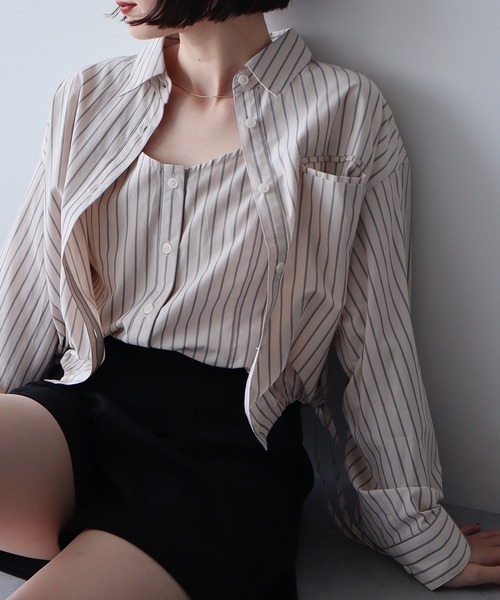 earth music&ecology（アースミュージックアンドエコロジー）の「Set2点 ドロストショートシャツ＋キャミブラウス（シャツ/ブラウス・レディース・ベージュ/ライトブルー/オフホワイト・FREE）」の22枚目の写真