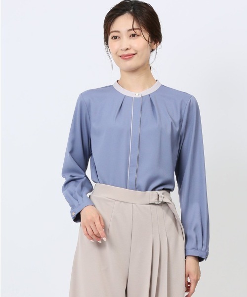 【セール】m.f.エディトリアル レディース ストレッチ ウォッシャブル イージーケア 配色バンドカラー 長袖比翼ブラウス（シャツ/ブラウス）｜m.f.editorial（エムエフエディトリアル） 4,777円