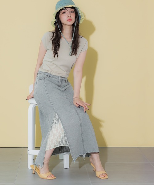 coca(coca)(コカ)の「フロントスリットレースデニムスカート(デニムスカート・レディース・ブルー・L/M)」の6枚目の写真